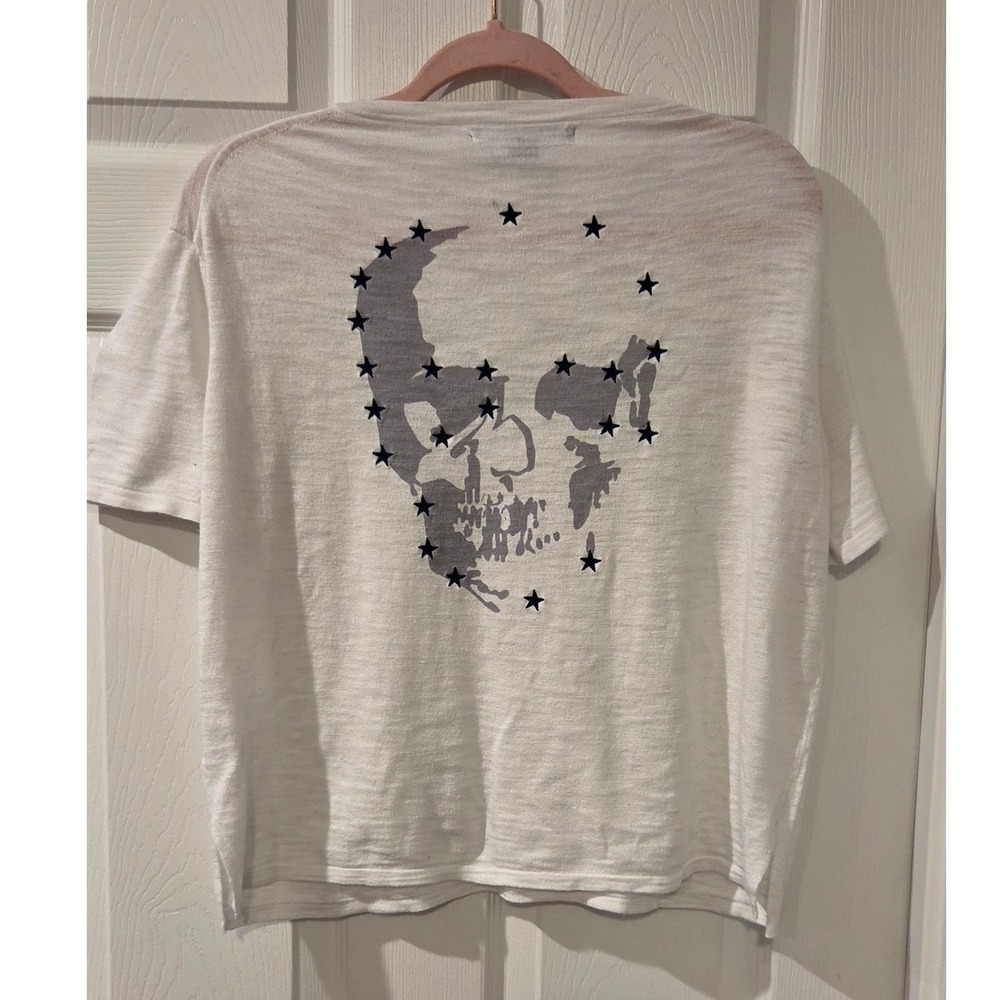Skull Cashmere White Cotton V-Neck Star Skull Graphic Slub Knit T-Shirt XS 98402